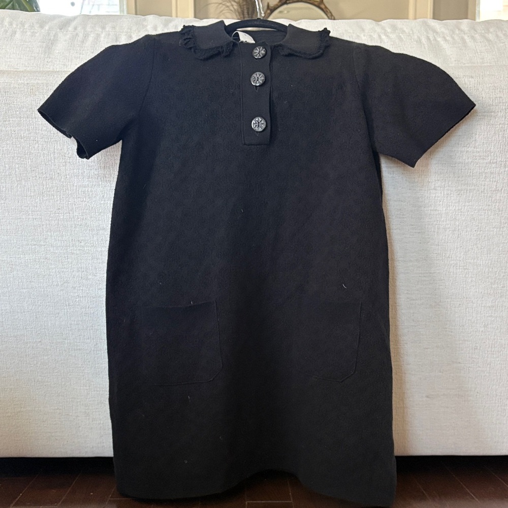 Coach Black Short-Sleeve Shift Dress with Ruffle Collar and Button Placket